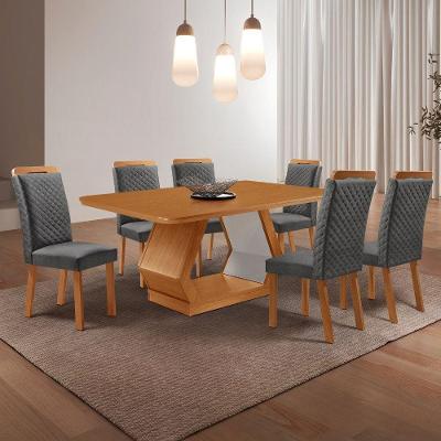 Conjunto de Jantar Alvorada 6 Lugares Tampo MDF Cadeiras Lorena Linho Grafite e Off White 180CM