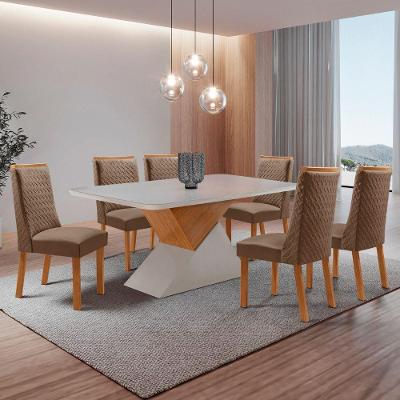 Conjunto de Jantar Aster Carolina 6 Lugares Tampo MDF Canto Copo Veludo Off White 180CM Moderna