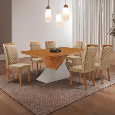 Conjunto de Jantar Aster 6 Lugares Tampo MDF Canto Copo e Cadeiras Lorena 180CM Moderna