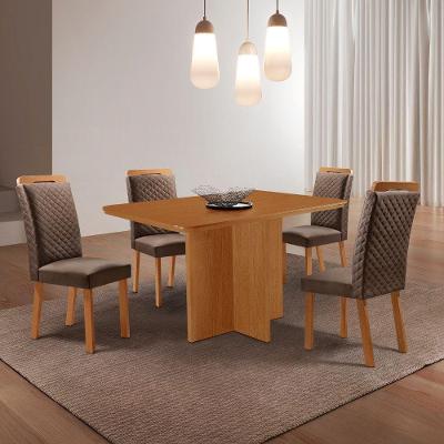 Conjunto de Jantar Olimpia e Lorena 4 Lugares Tampo MDF Cadeiras Veludo Marrom 120CM Moderna