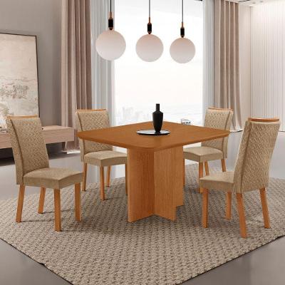 Conjunto de Jantar Olimpia 4 Lugares Tampo MDF Canto Copo 4 Cadeiras Lisa Estofadas Amadeirado 90CM