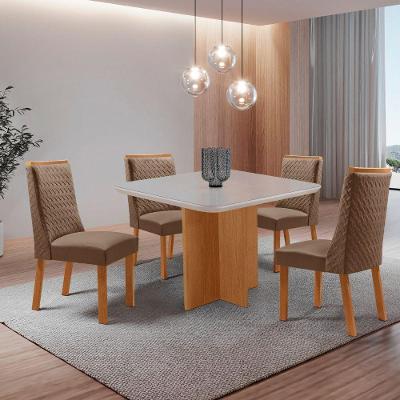 Conjunto de Jantar Olimpia 4 Lugares Tampo MDF com Vidro Serigrafado Cadeiras Veludo Creme 90CM