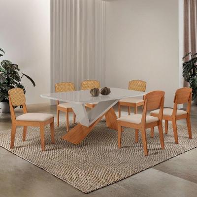 Mesa de Jantar Yasmin Tampo Vidro Canto Copo com 6 Cadeiras Veludo Creme Moderna