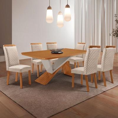 Conjunto de Jantar Yasmin e Lorena 6 Lugares Tampo MDF Veludo Creme 180CM Moderna