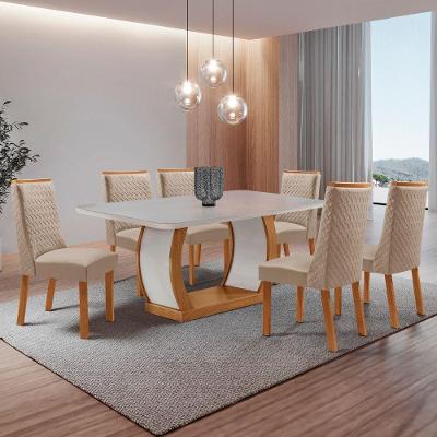Conjunto de Jantar Milena 6 Lugares Tampo MDF Canto Copo Cadeiras Carolina Veludo Creme 180CM