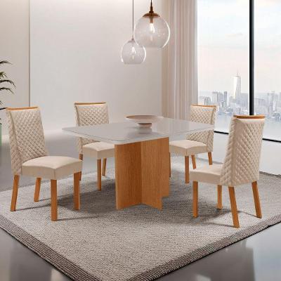 Conjunto de Jantar Olimpia 4 Lugares Tampo MDF com Cadeiras Yasmin Veludo Creme 120CM Moderna
