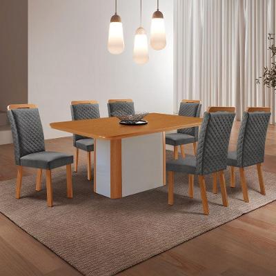 Conjunto de Jantar Isadora 6 Lugares Tampo MDF Cadeiras em Linho Grafite e Naturalle 180CM Moderna