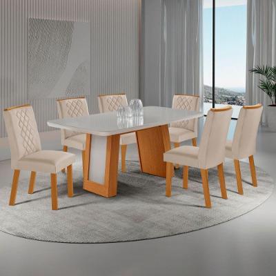 Conjunto de Jantar Carolina 6 Lugares Tampo MDF com Vidro Canto Copo Off White 180CM Moderna