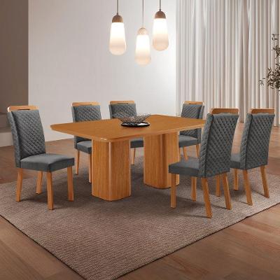 Conjunto de Jantar Eloise 6 Cadeiras Lorena Tampo MDF Canto Copo Linho Grafite e Naturalle 180CM
