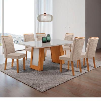 Mesa de Jantar Carolina 6 Lugares Tampo MDF Canto Copo sem Vidro Veludo Creme 180CM Moderna