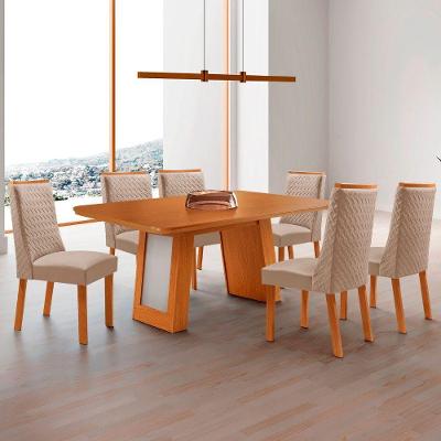 Mesa de Jantar Carolina 6 Lugares Tampo MDF Canto Copo sem Vidro Veludo Creme Naturale Moderna