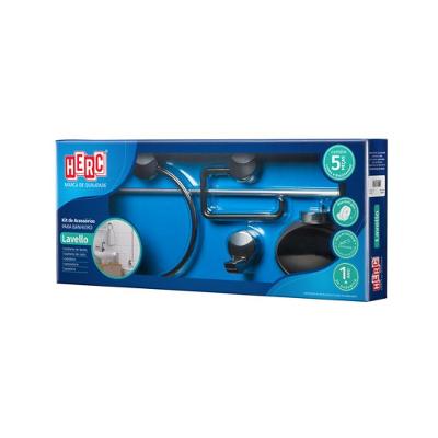Kit para Banheiro Lavello Completo 5 Peças Abs Preto e Cromado Design Clean Resistente à Umidade