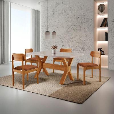 Sala de Jantar Star 4 Lugares Tampo Vidro Laqueado com Cadeiras Estofadas Puce Laq Off Cinam Moderna