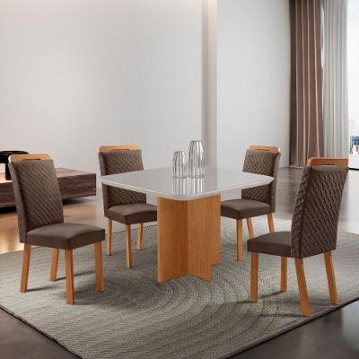 Mesa de Jantar Olímpia 4 Lugares Quadrada MDF com Vidro 90CM Off White Moderna 90CM