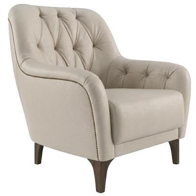 Poltrona Sasha Decorativa Capitone Courino Bege com Pés Madeira Milani Movelaria