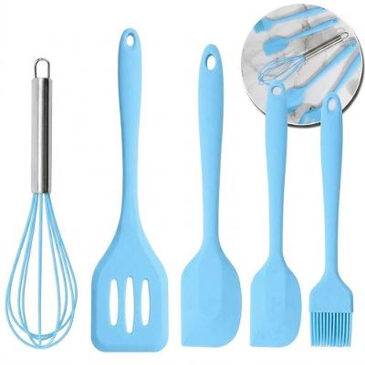 Jogo de Utensilios de Cozinha Silicone e Aco Inox Facil Higienizacao Uso Domestico Azul 05 Pecas