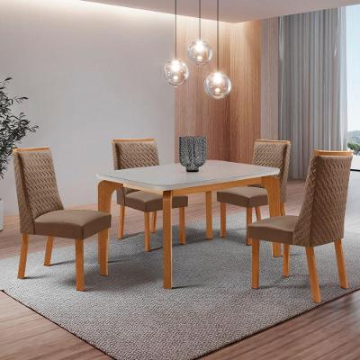 Conjunto de Jantar Liz 4 Lugares Tampo MDF com Vidro Serigrafado e Cadeiras Carolina Veludo Creme