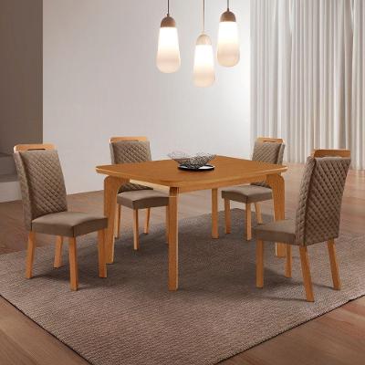 Conjunto de Jantar Liz 4 Lugares Tampo MDF Cadeiras Veludo Bege 120CM Moderna