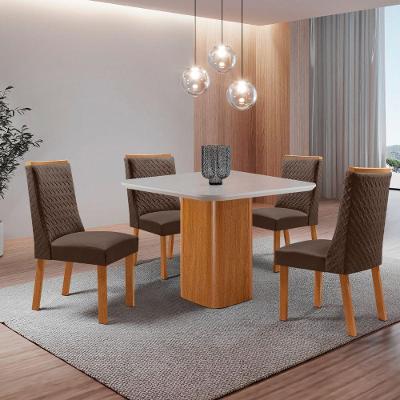 Conjunto de Jantar Eloise 4 Lugares Tampo MDF com Cadeiras Estofadas Veludo Marrom 90CM Moderna