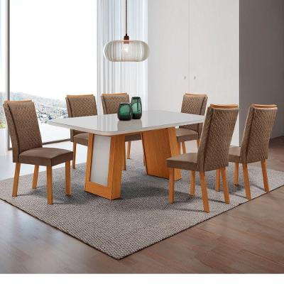 Conjunto de Jantar Carolina 6 Tampo em MDF com Cadeiras Lisa Veludo Capuccino e Off White