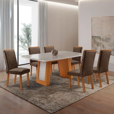 Conjunto de Jantar Carolina 6 Lugares Tampo MDF com Vidro Cadeiras Lira Marrom Off White Moderna