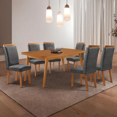 Conjunto de Jantar Copper 6 Lugares Tampo MDF Cadeiras Lorena Linho Grafite 180CM Moderna