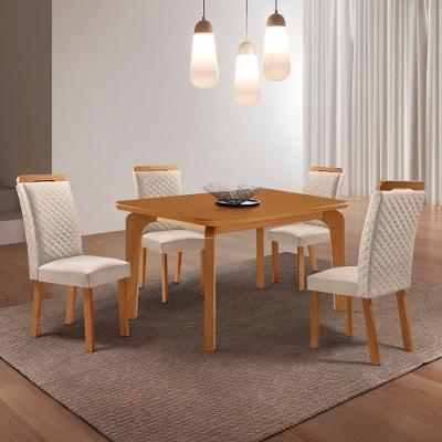 Conjunto de Jantar Liz Lorena 4 Lugares Tampo MDF Veludo Creme 120CM Moderna