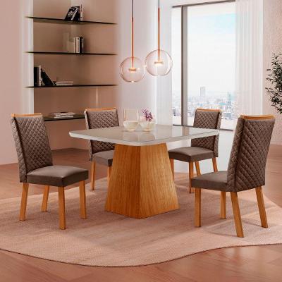 Mesa de Jantar Aida Lira 4 Lugares Tampo MDF Vidro Canto Copo Veludo Marrom Nat Off 90CM Moderna