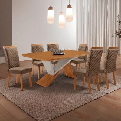 Conjunto de Jantar Yasmin 6 Lugares Tampo MDF Canto Copo Veludo Off White 180CM Moderna