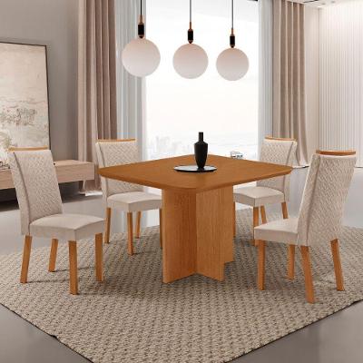 Conjunto de Jantar Olimpia 4 Lugares Tampo MDF Canto Copo Creme Cadeiras Lisa Veludo 90CM Moderna