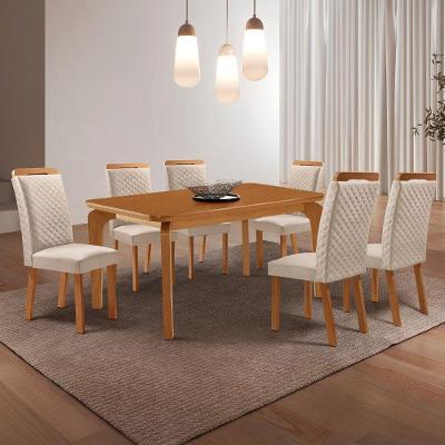 Conjunto de Jantar Liz 6 Lugares Tampo MDF Cadeiras Lorena Veludo Creme 180CM Moderna