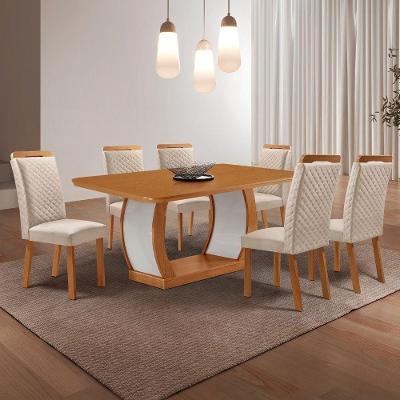 Conjunto de Jantar Milena 6 Lugares Tampo MDF Cadeiras Lorena Veludo Creme 180CM Moderna