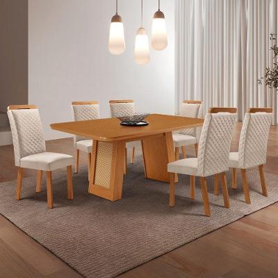 Conjunto de Jantar Carolina 6 Lugares Tampo MDF Base Telinha Veludo Creme 180CM Moderna