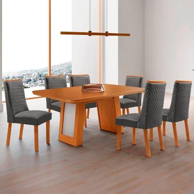 Mesa de Jantar Carolina 6 Lugares Tampo MDF Canto Copo sem Vidro Linho Grafite Naturalle 180CM