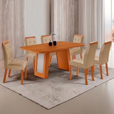 Mesa de Jantar Carolina com 6 Cadeiras Tampo MDF Canto Copo sem Vidro Off White 180CM Moderna
