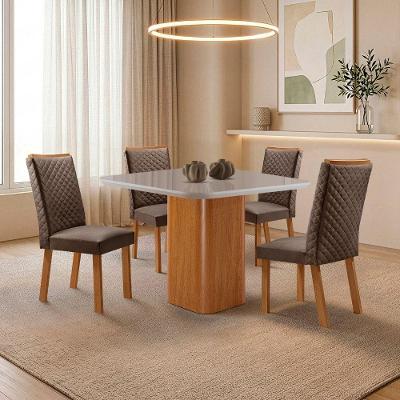 Conjunto de Jantar Eloise Lira 4 Lugares Tampo Mdf com Vidro Serigrafado Veludo Marrom Moderna