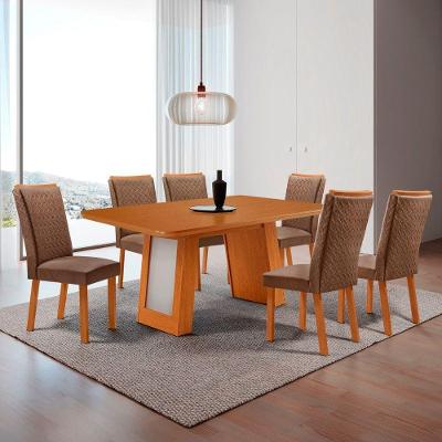 Conjunto de Jantar Carolina Laminado 6 Lugares Tampo MDF Cadeiras Lisa Veludo Capuccino Naturalle