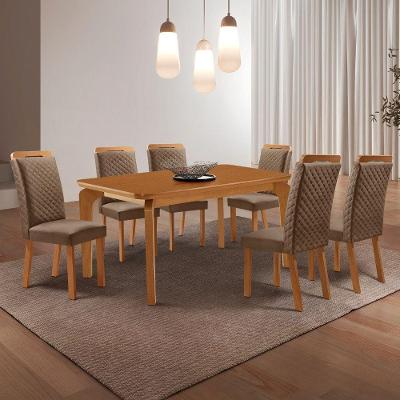 Conjunto de Jantar Liz Lorena 6 Lugares Tampo MDF Veludo Bege 180CM Moderna