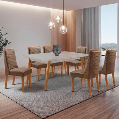Conjunto de Jantar Copper 6 Lugares Tampo MDF com Vidro Serigrafado e Cadeiras Carolina Veludo Off