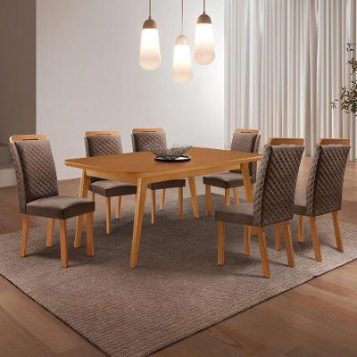 Conjunto de Jantar Copper 6 Lugares Tampo MDF Cadeiras Veludo Marrom 180CM Moderna