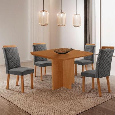 Conjunto de Jantar Olimpia 4 Lugares Tampo MDF Cadeiras Aline Linho Grafite e Naturalle 90CM Moderna