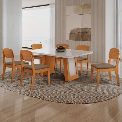 Conjunto de Jantar Carolina 6 Lugares Tampo MDF com Vidro Cadeiras Copper Off White 180CM Moderna