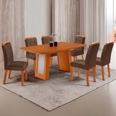 Conjunto de Jantar Carolina 6 Lugares Tampo MDF Canto Copo sem Vidro Marrom Off White Moderna