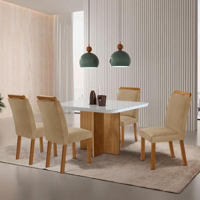 Sala de Jantar Olimpia Athenas 4 Lugares Mesa com Vidro Canto Copo MDF Off White Moderna