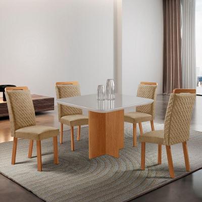 Mesa de Jantar Olímpia 4 Lugares Quadrada Tampo MDF com Vidro 90CM Off White Moderna 90CM