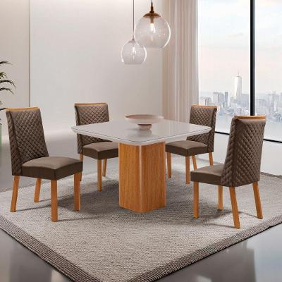 Mesa de Jantar Eloise 4 Lugares Quadrada MDF com Vidro 90CM Off White Moderna 90CM