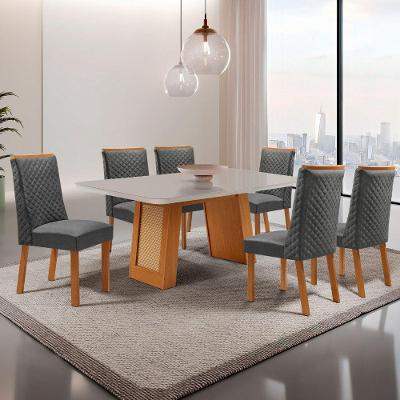 Conjunto de Jantar Carolina 6 Lugares Tampo MDF Cadeiras Estofadas Bordadas Grafite 180CM Moderna