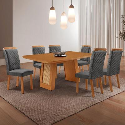 Conjunto de Jantar Carolina 6 Lugares Tampo MDF Base Telinha Grafite e Naturalle 180CM Moderna