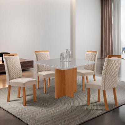 Mesa de Jantar Olimpia 4 Lugares Quadrada MDF com Vidro 90CM Off White Moderna
