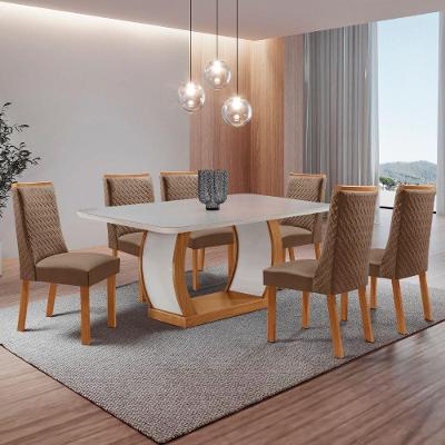 Conjunto de Jantar Milena 6 Lugares Tampo MDF Canto Copo Cadeiras Carolina Veludo Off White 180CM